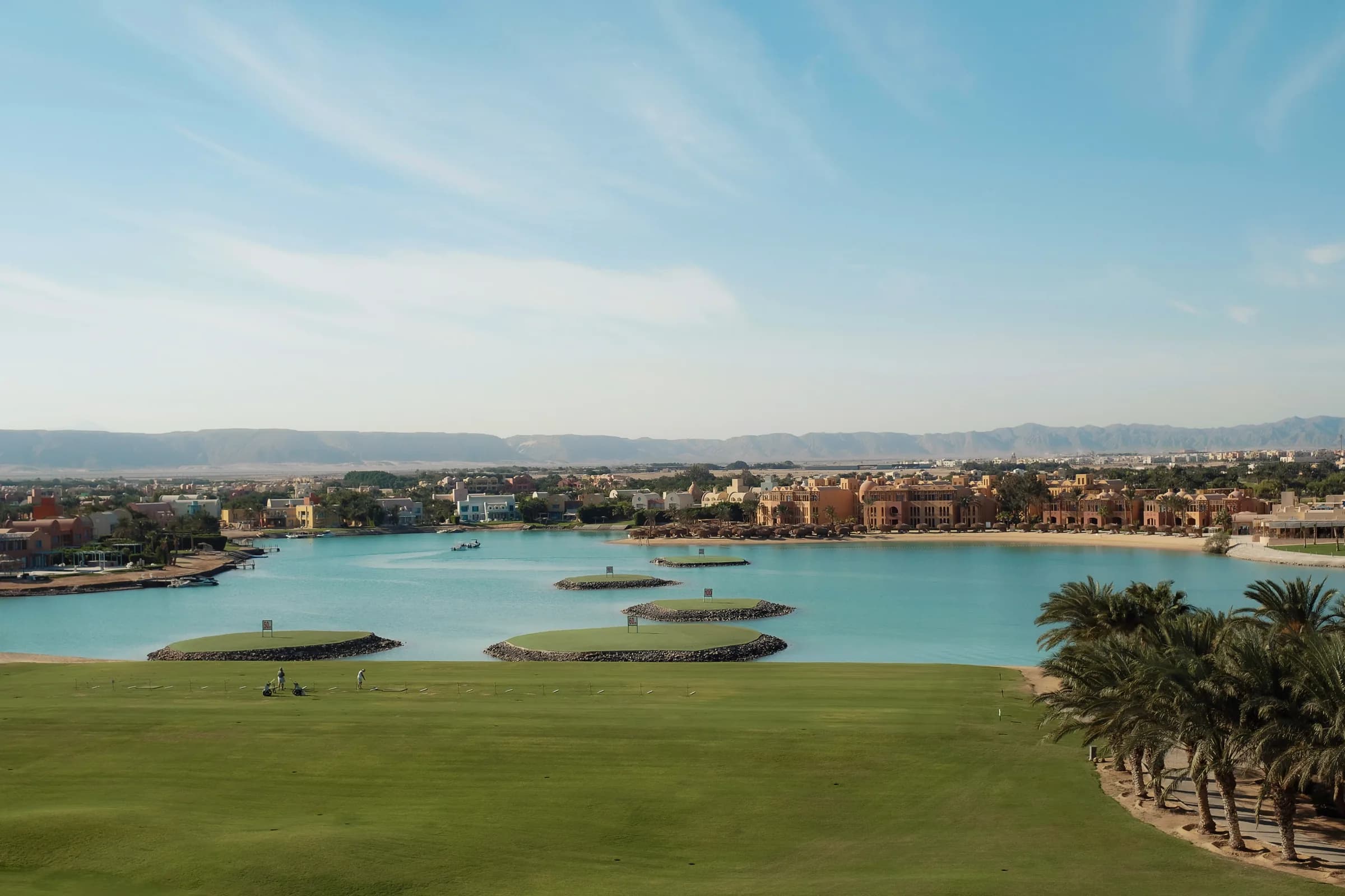 The El Gouna lagoons and the desert mountains behind