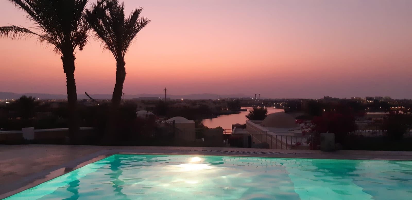 The lagoons at twilight, seen from the villa