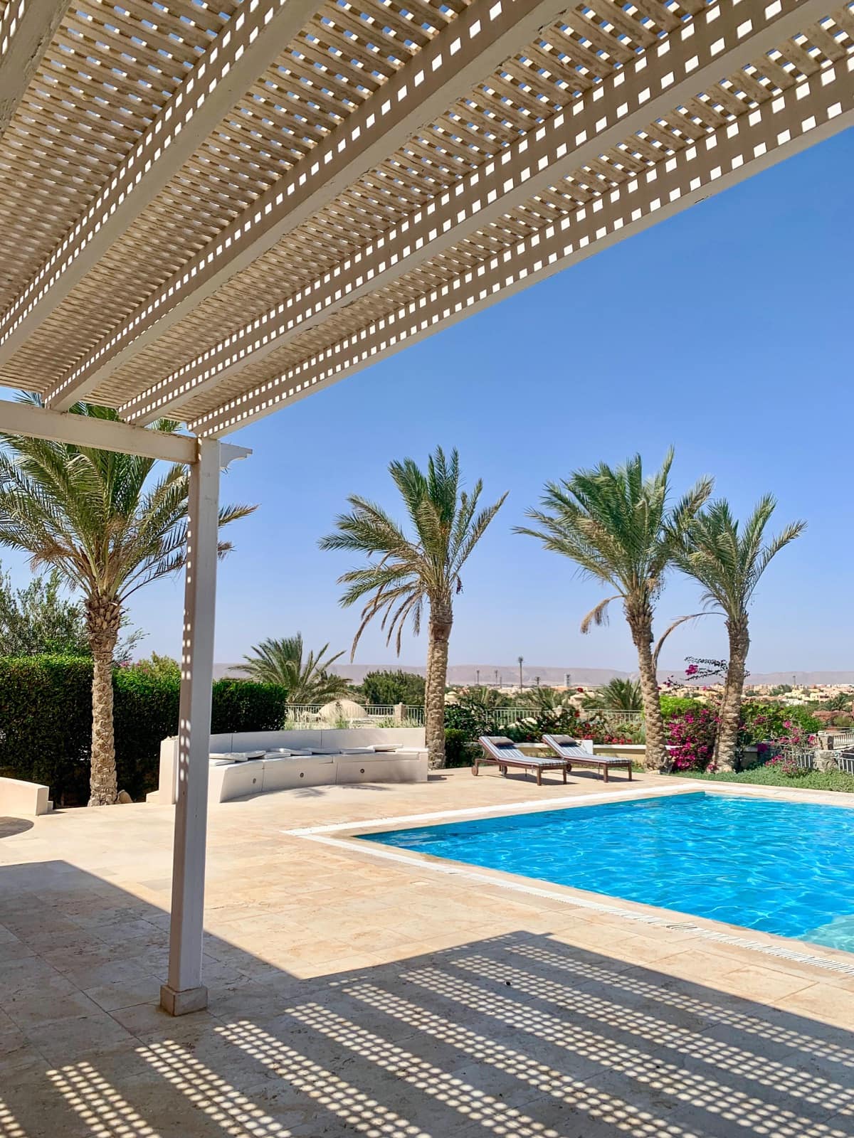The pool from the pergola, midday blue